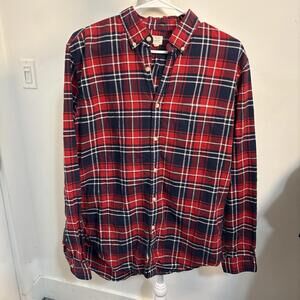 J Crew Vintage Oxford Tailored Shirt Men Med Red Blue Flannel Plaid Long Sleeve